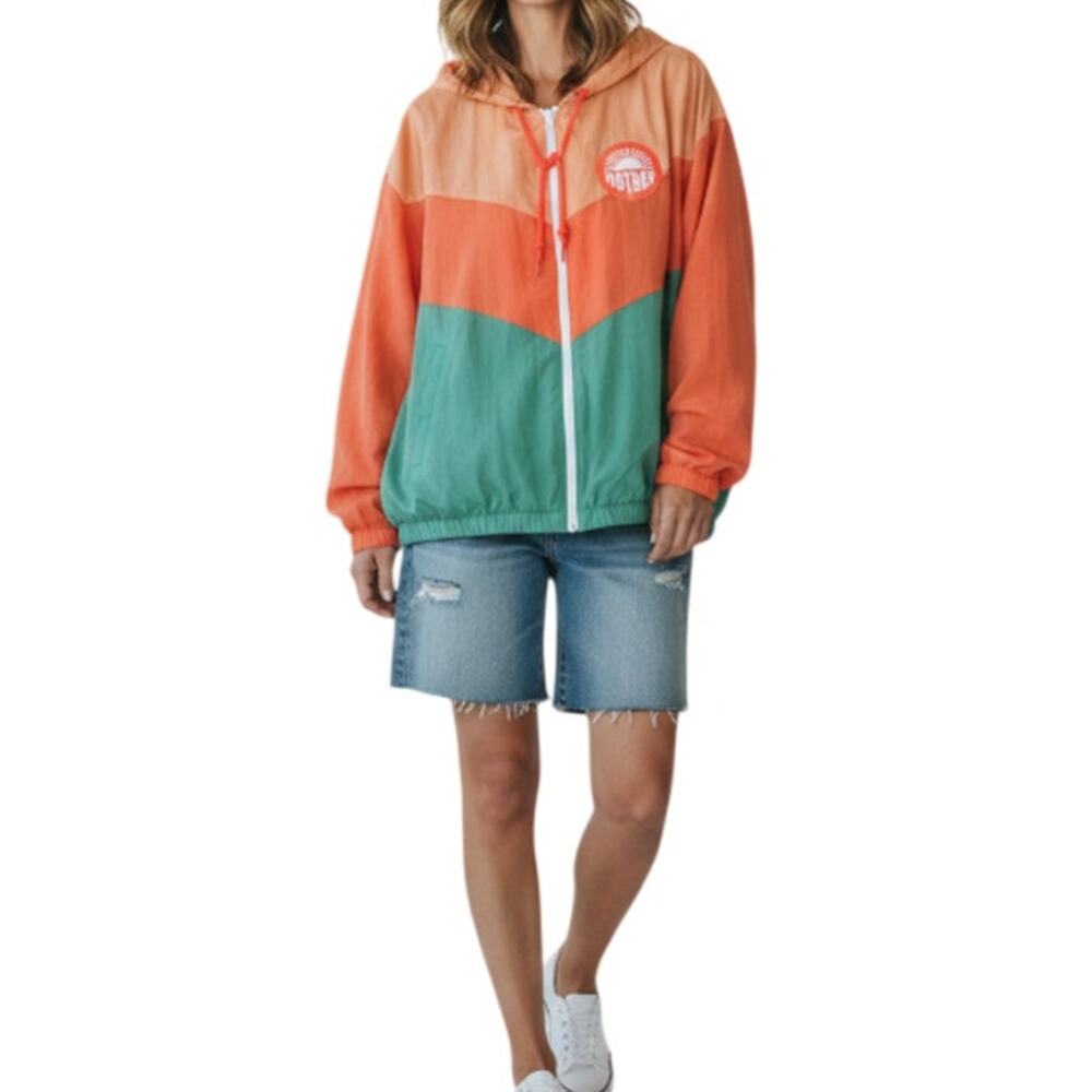 MOTHER The Triple Shade Hoodie Zip Jacket Sz XL Orange/Green Packable Everyday